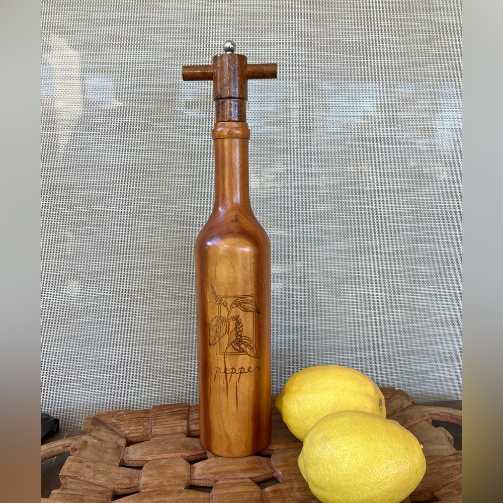 Vintage Wooden Pepper Mill Grinder Shaped Like A Wine Bottle Engraved Design